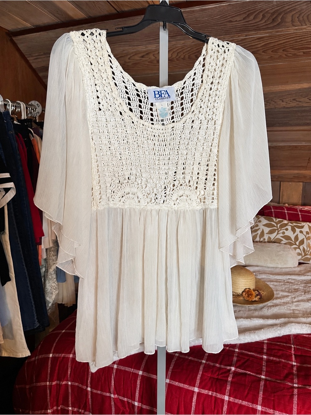 Classics Boho Crochet PeasantIvory Sheer Bell Sleeve Cottagecore Blouse by Venus - Picture 2 of 3